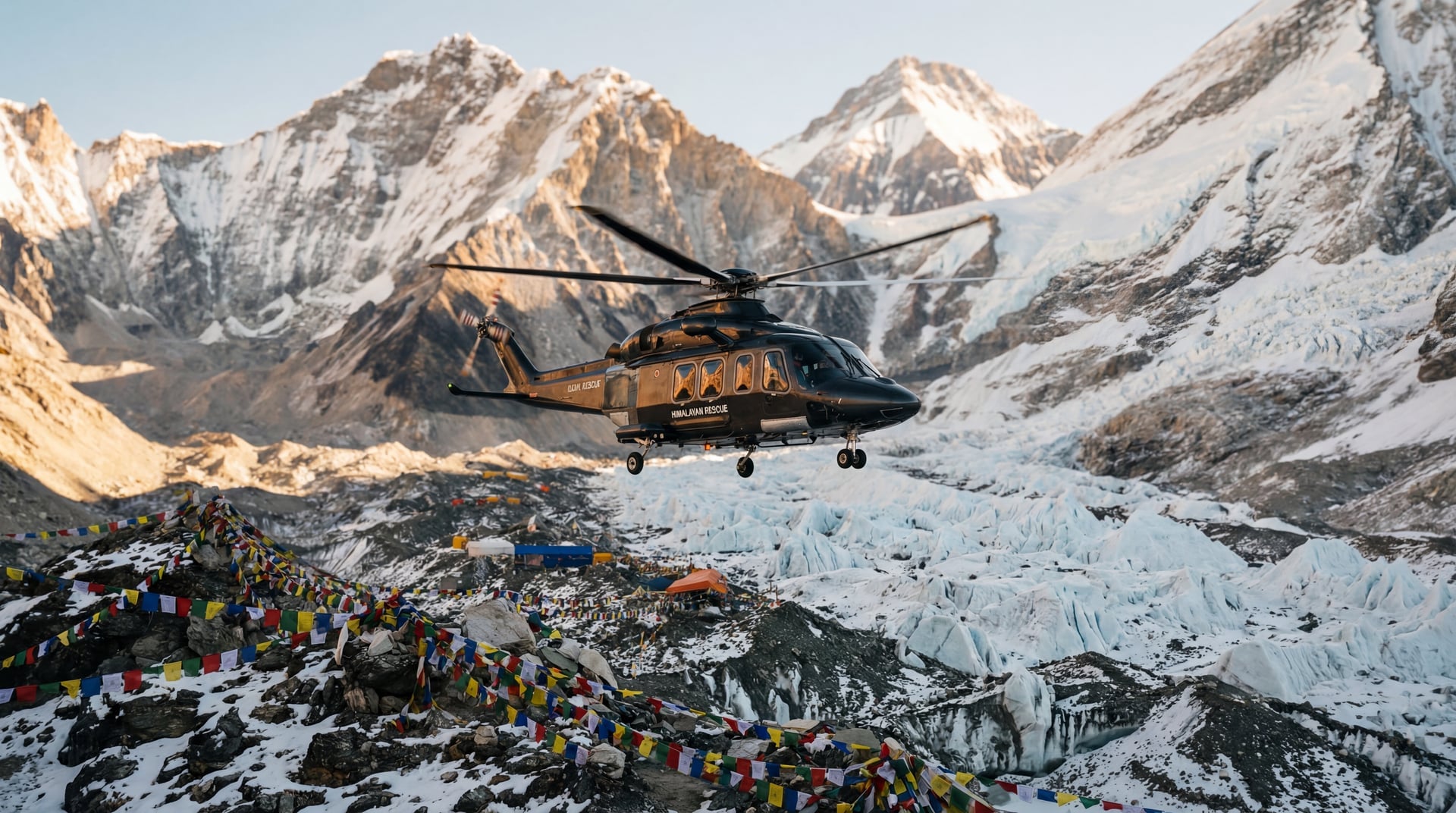 Himalayan mountain range with prayer flags